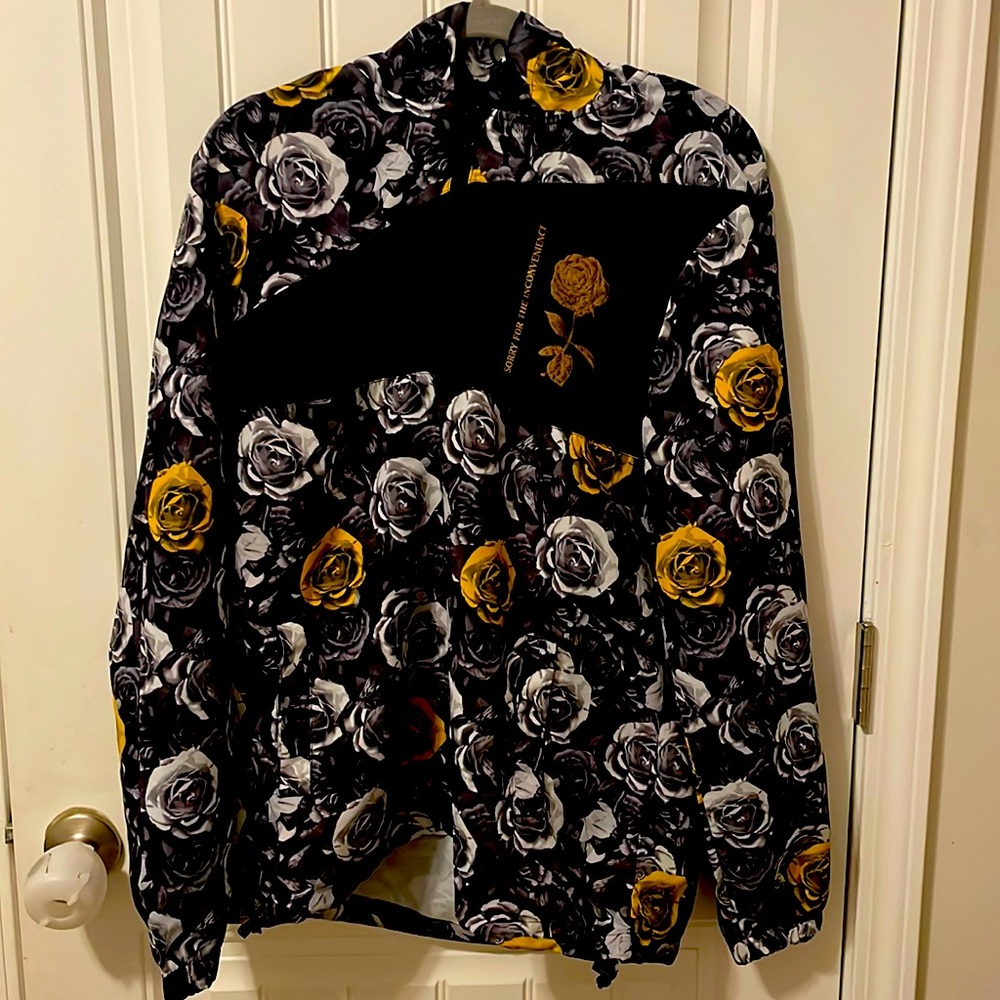 Rue 21 Hoodie Floral, Yellow/Black Size Small, "Sorry for the inconvenience”